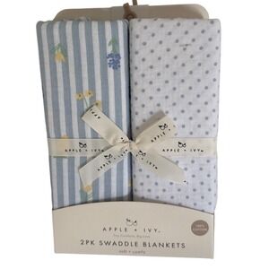 Apple + Ivy 2PK Swaddle Blankets 30x40 Blue Floral Stripe Polka Dot 100% Cotton